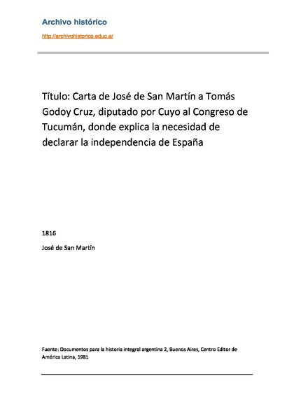 Vista previa de la carta a Tomás Godoy Cruz