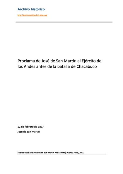 Vista previa de la proclama al Ejército de los Andes